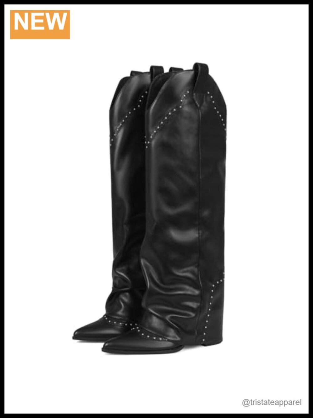 Women's Knee High Cowboy Boots Faux Leather Snip Toe Block Heel Fold Over